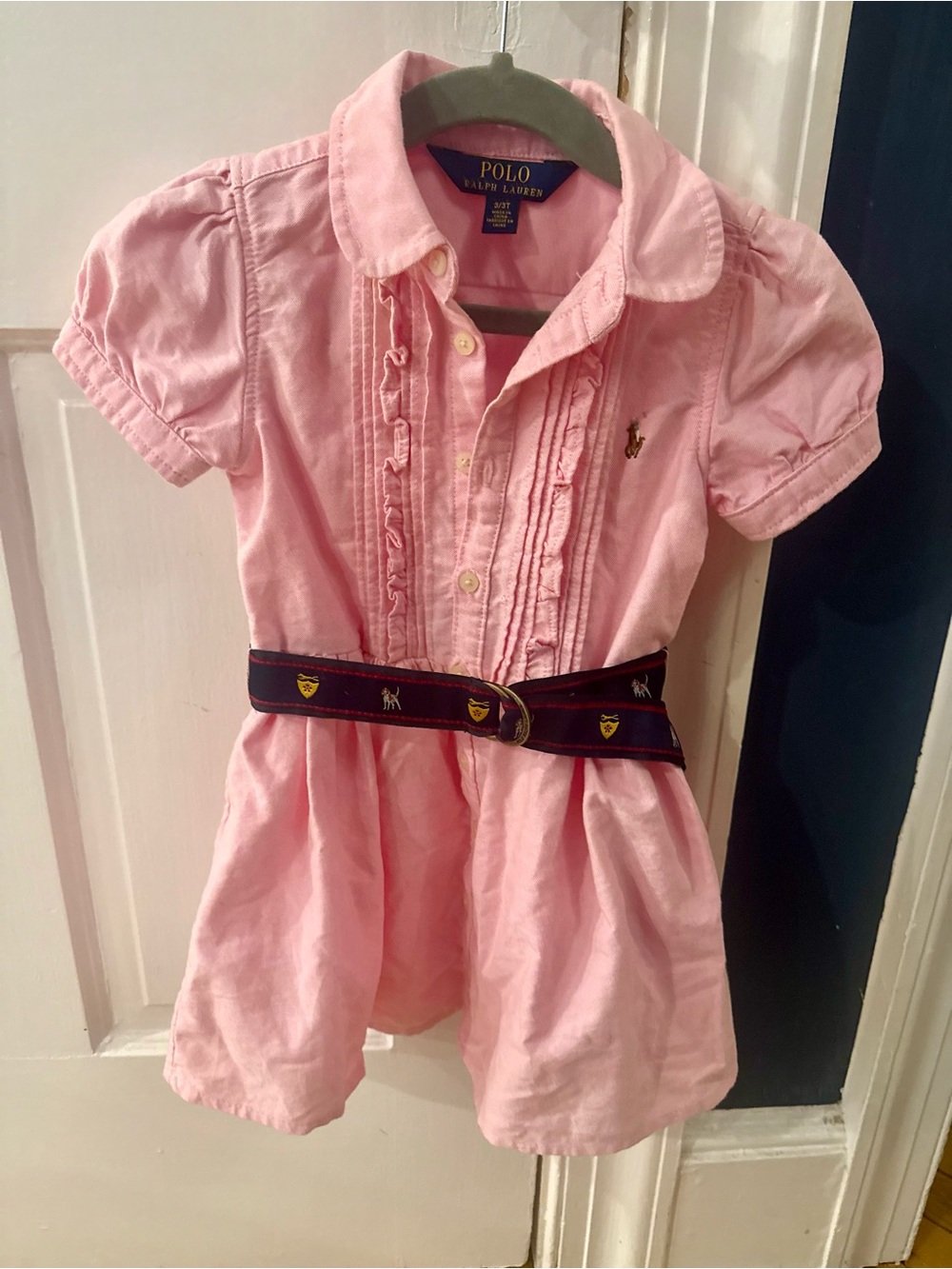 Ralph Lauren Pink Ruffle-Front Polo Oxford Dress with Navy Crest Belt Girls 3t